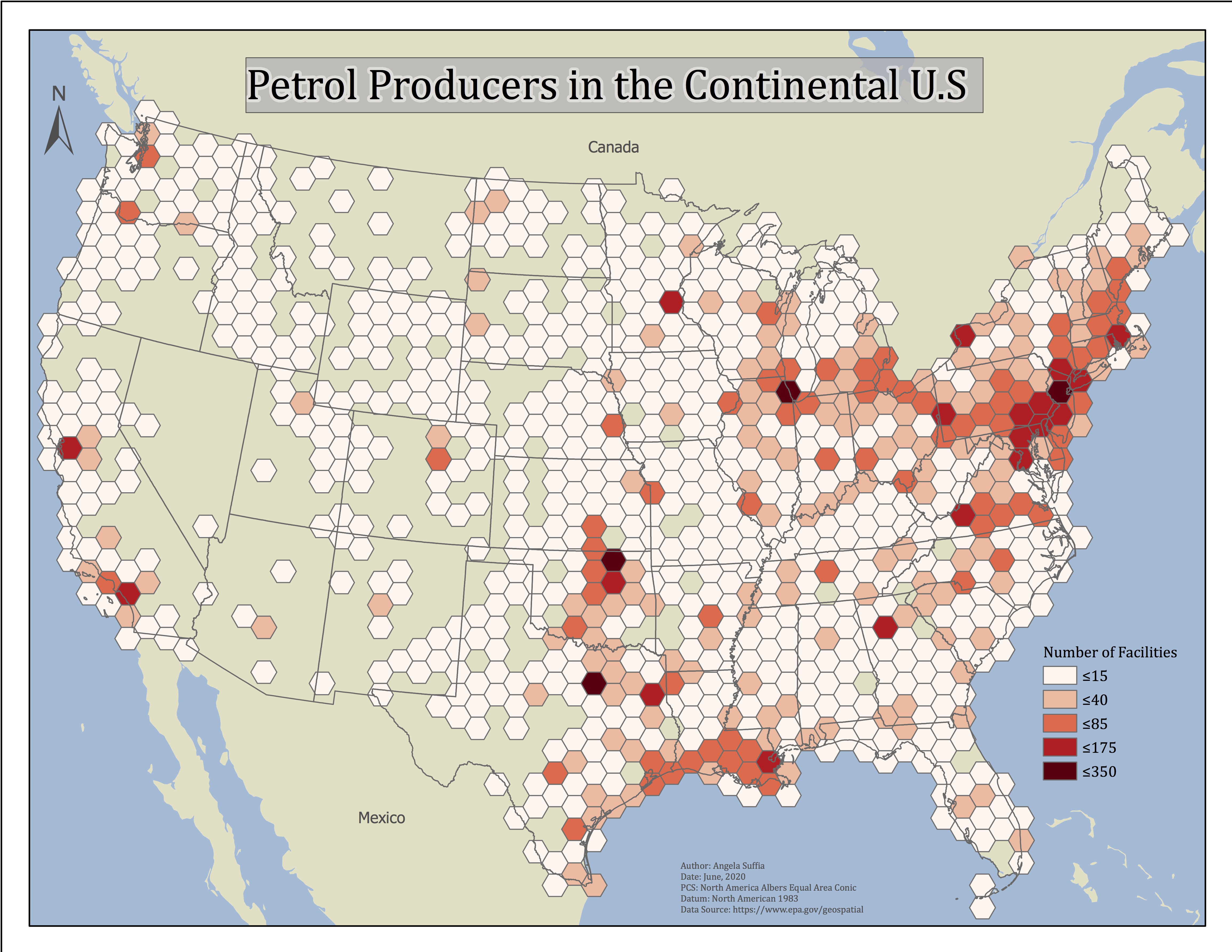 Hex tesselation to represent petrol facilities.